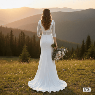Simple V - Neck Sheer Sleeve Wedding Dress - Diva Melody