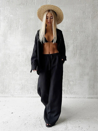 Single Breasted Shirt & Elastic Waist Pants Set - Diva Melody