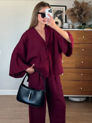 Single Breasted Shirt & Elastic Waist Pants Set - Diva Melody