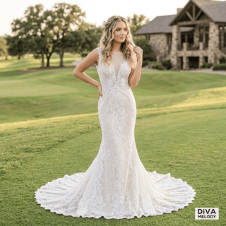 Sleeveless V - Neck Mermaid Lace Wedding Dress - Diva Melody