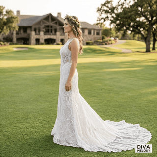 Sleeveless V - Neck Mermaid Lace Wedding Dress - Diva Melody