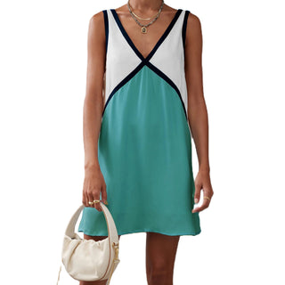 Sleeveless V - Neck Patchwork Mini Dress - Diva Melody