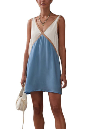 Sleeveless V - Neck Patchwork Mini Dress - Diva Melody