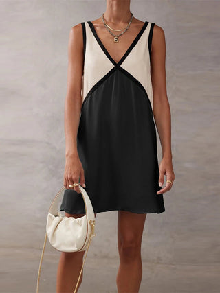 Sleeveless V - Neck Patchwork Mini Dress - Diva Melody