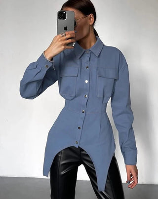 Slim Blue Bodycon Chic Pockets Shirts Tops - Diva Melody