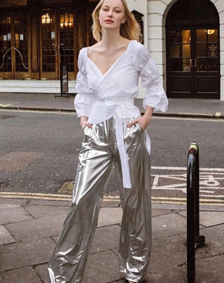 Sliver Wide - leg Cargo Straight Trousers Pants - Diva Melody