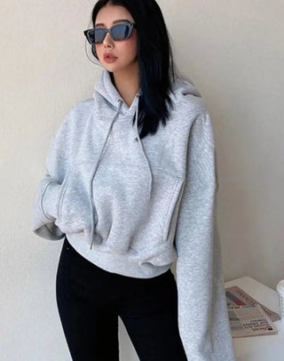 Solid Fleece Hooded Clothing Long Sleeve Tops Loose Pocket Sweatshirt Female Casual Pullover - Diva Melody