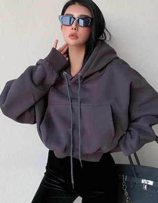 Solid Fleece Hooded Clothing Long Sleeve Tops Loose Pocket Sweatshirt Female Casual Pullover - Diva Melody