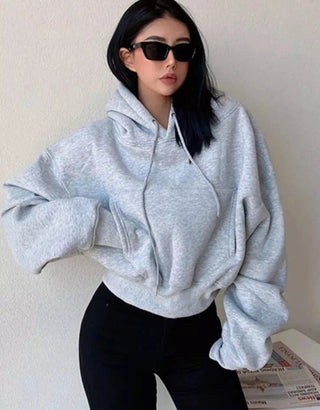 Solid Fleece Hooded Clothing Long Sleeve Tops Loose Pocket Sweatshirt Female Casual Pullover - Diva Melody