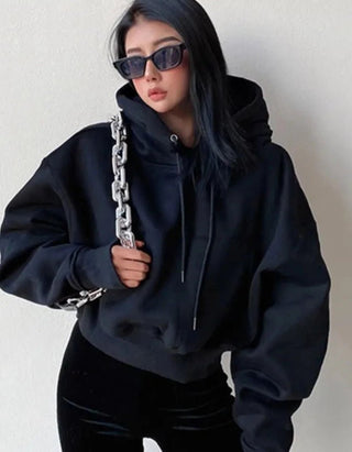 Solid Fleece Hooded Clothing Long Sleeve Tops Loose Pocket Sweatshirt Female Casual Pullover - Diva Melody