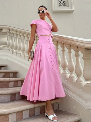 Solid O - Neck Top & A line Skirt Set - Diva Melody