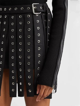 Solid Patchwork Belts Blazers Punched Skirts - Diva Melody