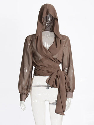 Solid See - through Slim Hooded Blouse - Diva Melody