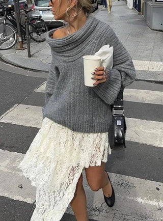 Solid Slash Neck Sweater Loose Knitwear - Diva Melody