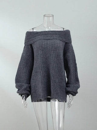 Solid Slash Neck Sweater Loose Knitwear - Diva Melody