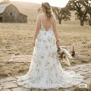 Spaghetti Straps A Line Floral Bridal Gown - Diva Melody