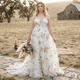 Spaghetti Straps A Line Floral Bridal Gown - Diva Melody