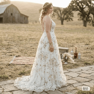 Spaghetti Straps A Line Floral Bridal Gown - Diva Melody