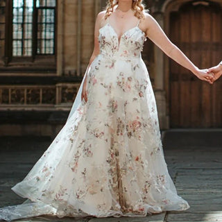 Spaghetti Straps A Line Floral Bridal Gown - Diva Melody