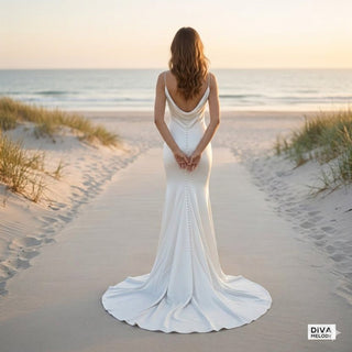 Spaghetti Straps Low Cut Crepe Backless Bridal Dress - Diva Melody