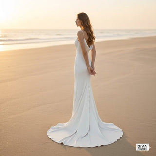 Spaghetti Straps Low Cut Crepe Backless Bridal Dress - Diva Melody