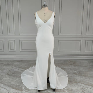 Spaghetti Straps Low Cut Crepe Backless Bridal Dress - Diva Melody