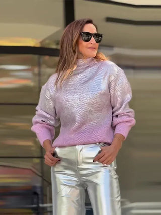 Sparkling Metal Gradient Color Knit Sweater Pullover Tops - Diva Melody