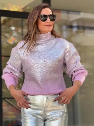 Sparkling Metal Gradient Color Knit Sweater Pullover Tops - Diva Melody