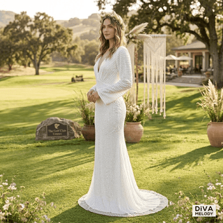 Sparkly Sheath V - Neck Wedding Gown - Diva Melody