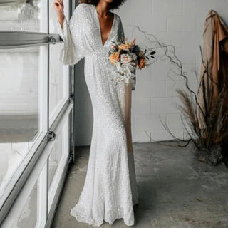 Sparkly Sheath V - Neck Wedding Gown - Diva Melody