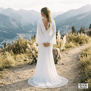 Sparkly Sheath V - Neck Wedding Gown - Diva Melody