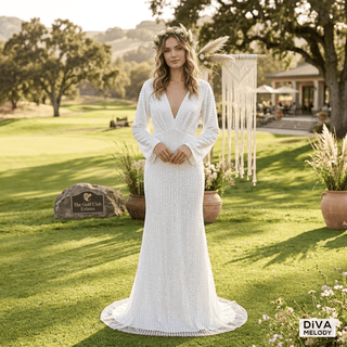 Sparkly Sheath V - Neck Wedding Gown - Diva Melody