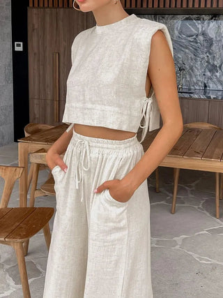 Spring Summer Linen Pant Set Crop Tops Outfits - Diva Melody