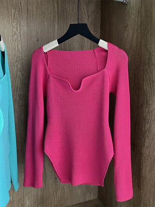 Square Collar Long Sleeve Sweaters Slim Knitted - Diva Melody