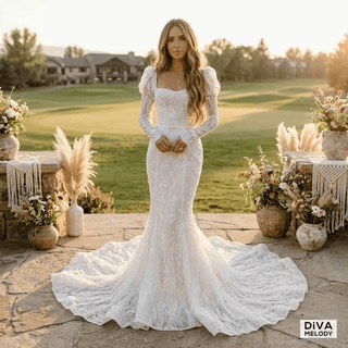 Square Neck Beaded Mermaid Gown - Diva Melody