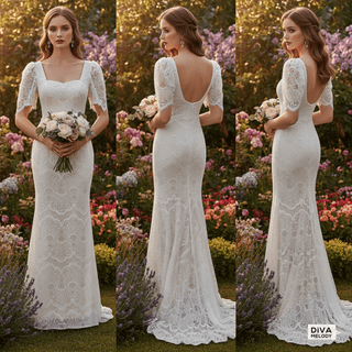 Square Neck Lace Mermaid Gown - Diva Melody
