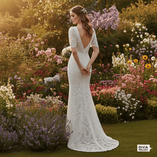 Square Neck Lace Mermaid Gown - Diva Melody