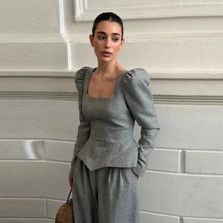 Square Neck Peplum Top and Wide Leg Trouser Set - Diva Melody