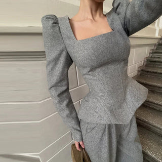 Square Neck Peplum Top and Wide Leg Trouser Set - Diva Melody