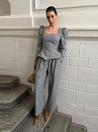 Square Neck Peplum Top and Wide Leg Trouser Set - Diva Melody