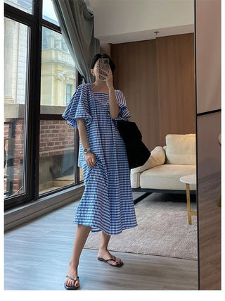 Square Neck Plaid Puff Sleeve Loose Casual Dress - Diva Melody