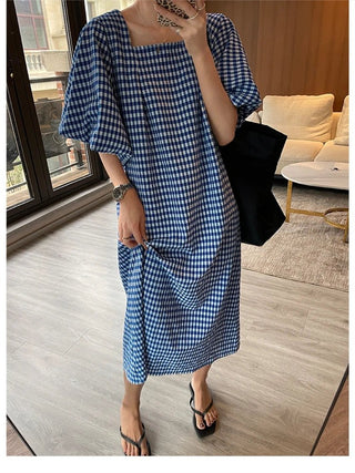 Square Neck Plaid Puff Sleeve Loose Casual Dress - Diva Melody