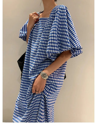 Square Neck Plaid Puff Sleeve Loose Casual Dress - Diva Melody