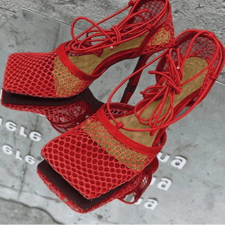 Square Toe Lace - up High Heel Sandals - Diva Melody