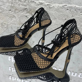 Square Toe Lace - up High Heel Sandals - Diva Melody