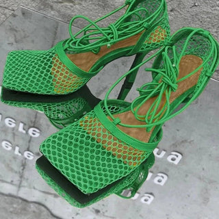 Square Toe Lace - up High Heel Sandals - Diva Melody