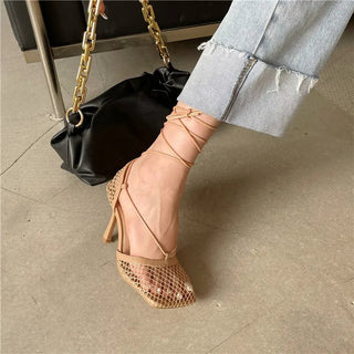 Square Toe Mesh Lace - Up Heels - Diva Melody