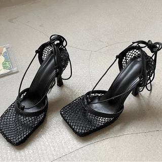 Square Toe Mesh Lace - Up Heels - Diva Melody