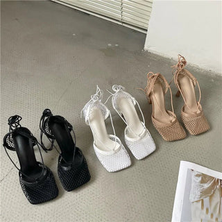 Square Toe Mesh Lace - Up Heels - Diva Melody