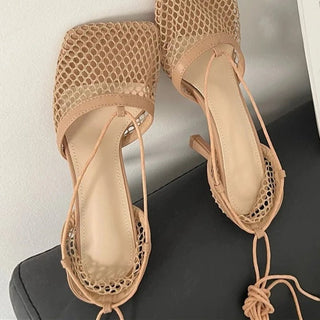Square Toe Mesh Lace - Up Heels - Diva Melody